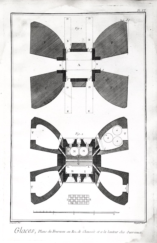 Cristal - Glaces, Plans du Fourneau au Rez de Chaussee et a la hauteur des Ouvreaux / Planos del Horno en la planta baja ya la altura de los trabajos - Pl. VI